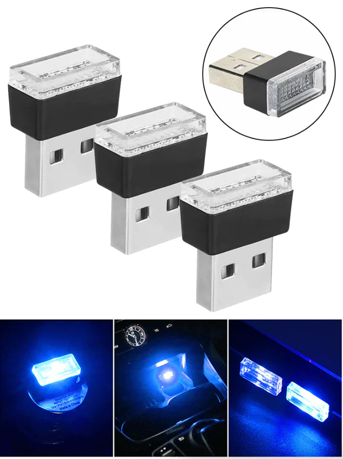 3x Blue LED USB Car Interior Light